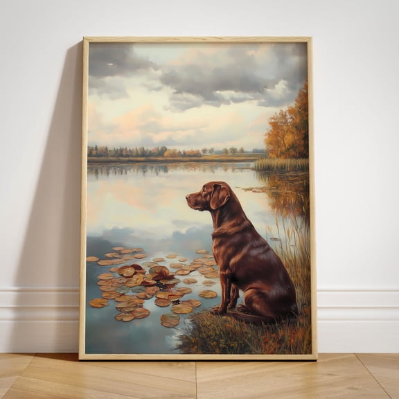Chocolate Labrador Retriever Lake Poster, Rustic Autumn Dog Country Nature Wall Art, Stretched Canvas Size 16x24