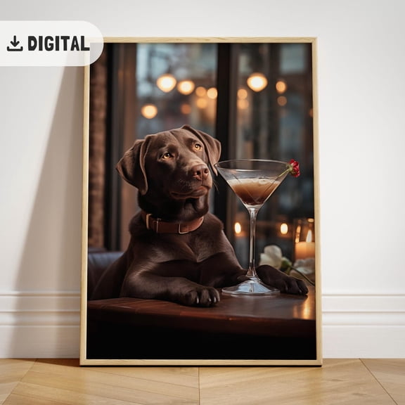 Chocolate Labrador Retriever Restaurant , Lab Cocktail Wall Art, Dog Home Bar Decoration Unframed Paper Print