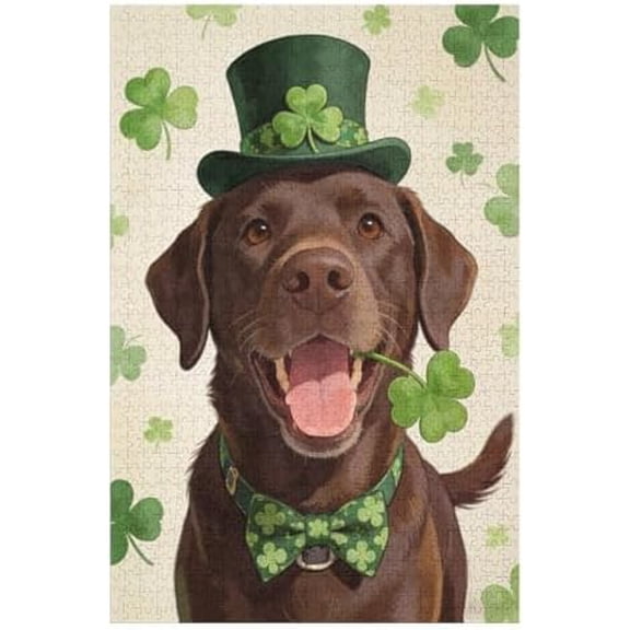 Chocolate Labrador Retriever Shamrock 1000 Piece Jigsaw Puzzle for Adults, Saint Patricks Day Irish Chocolate Lab Art Puzzle with Green Clover Theme, Relaxing Brain Game for Home Decor