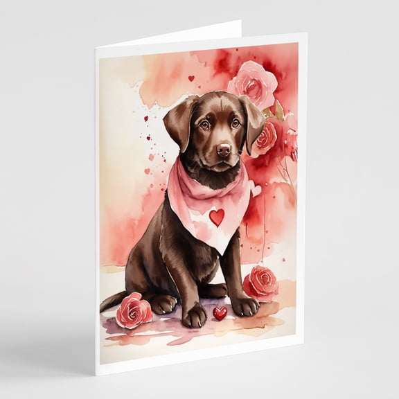 Chocolate Labrador Retriever Valentine Roses Greeting Cards Pack of 8 7 in x 5 in