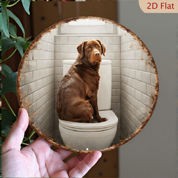Chocolate Labrador Retriever Wall Art, Round Aluminum Bathroom Decor, 8x8 Inch Vintage Style Metal Sign for Home Decoration