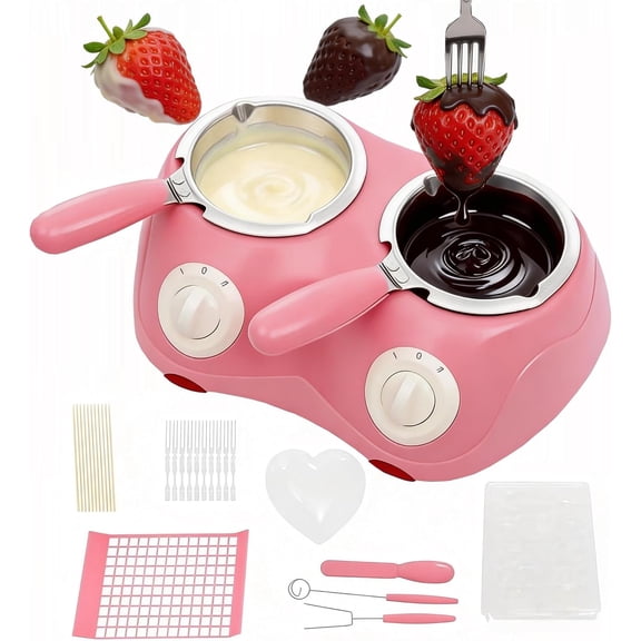 Chocolate Melting Pot Kit with Molds and Fork, 110V Chocolate Melting Warming Double Pot, Mini Electric Fondue with 2Gear Temperature Control for Candy, Milk, Cheese, Butter Making(Pink)