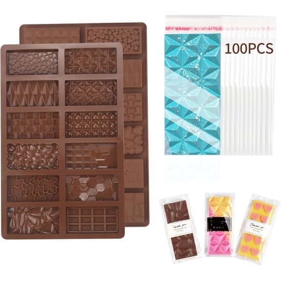 Chocolate Molds, 2Pcs Mini Silicone Chocolate Bar Mold with 100Pcs Bags, Break Apart Non-stick Small Chocolate Candy Bar Molds Wax Melt Molds for Chocolate Bar