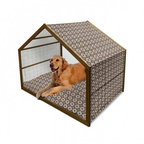 Chocolate Pet House, Brown Toned Ancestral Batik Pattern with Floral Indonesian Motifs, Outdoor & Indoor Portable Dog Kennel with Pillow and Cover, 5 Sizes, Dark Brown White Brown, by Ambesonne