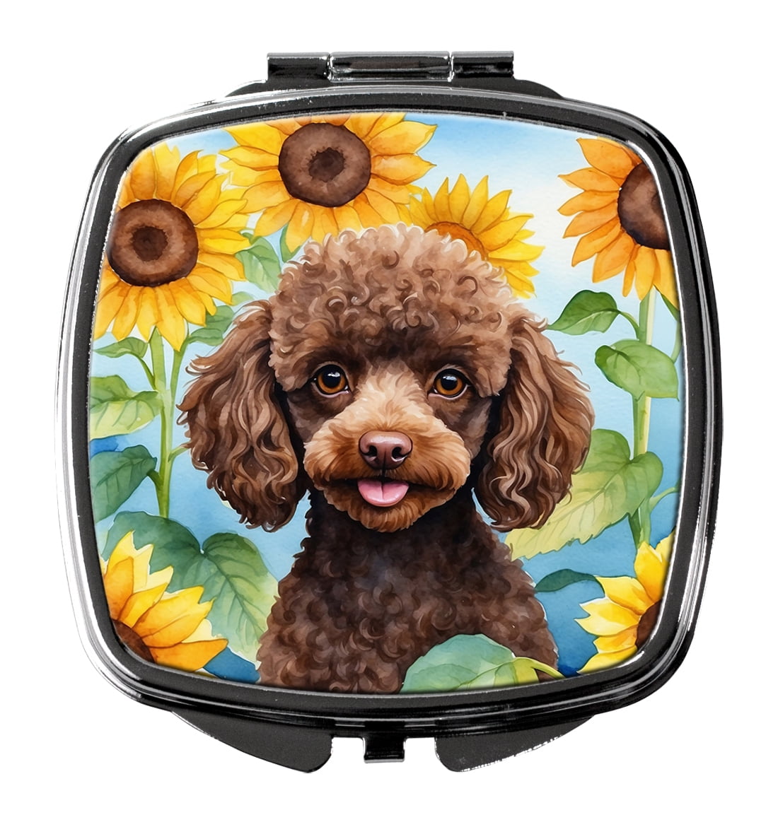 Chocolate Poodle in Sunflowers Compact Mirror 2.75 in x 3 in