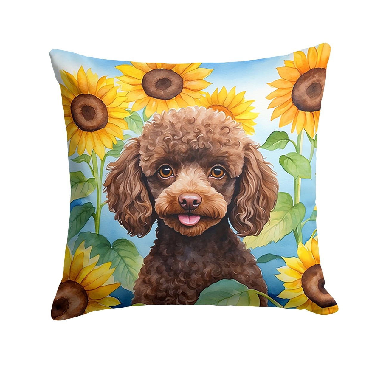 Chocolate Poodle in Sunflowers Throw Pillow 18 in x 18 in