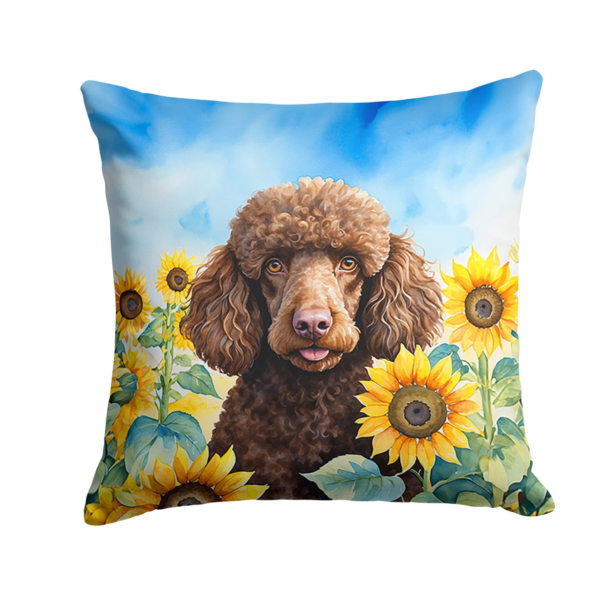 Chocolate Poodle in Sunflowers Throw Pillow 18 in x 18 in