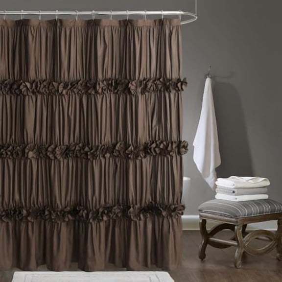 Chocolate Ruffle Shower Curtain, Vintage Handcrafted Bow Tie Bath Curtain for Master Bathroom, Ruched Microfiber Bathroom Curtain with 12 Buttonholes, 72" W x 72" H (LQ-10)