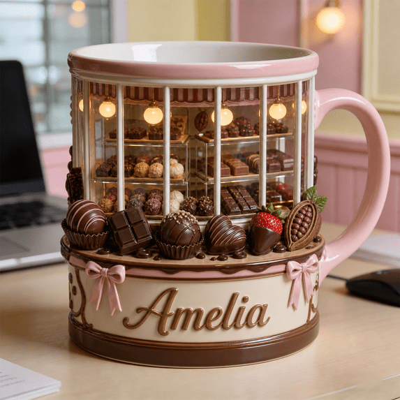 Chocolate Shop Mug, Custom Mug, 2D Printed 3D Effect, Personalized Mug, Custom Name Cup, Truffle Candy Display Mug, Cocoa Strawberry Dessert Mug, Sweet Treat Gift, Cute Kitchen Deco Gift Set