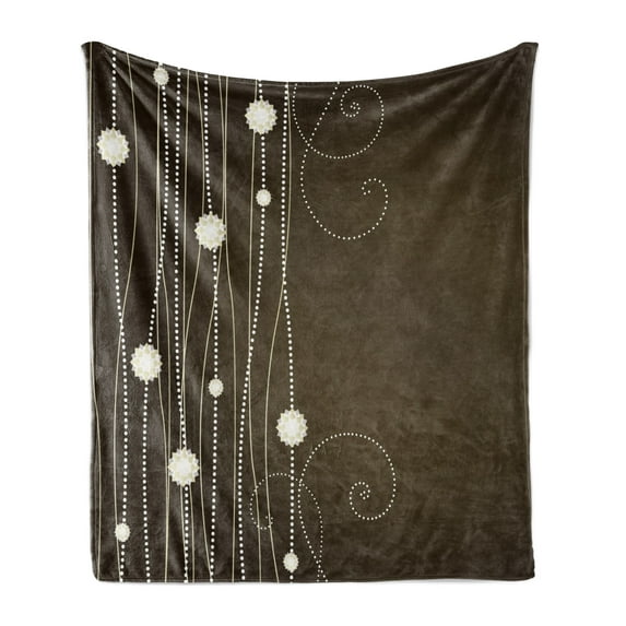 Chocolate Soft Flannel Fleece Blanket, Abstract Flowers with Dotted Lines Vintage Inspirations in Romantic Composition, Cozy Plush for Indoor and Outdoor Use, 70" x 90", Beige Brown, by Ambesonne