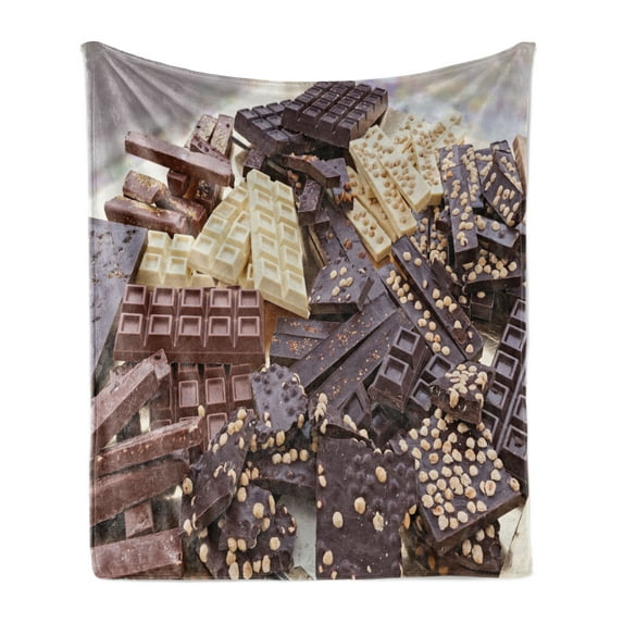 Chocolate Soft Flannel Fleece Blanket, Pile of Assorted Chocolate Bars Black and White Pieces with Hazelnut, Cozy Plush for Indoor and Outdoor Use, 50" x 70", Dark Brown Brown Ivory, by Ambesonne