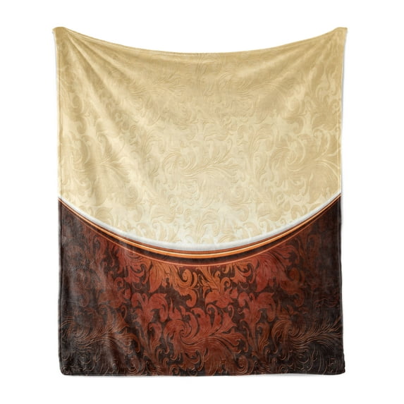 Chocolate Soft Flannel Fleece Blanket, Victorian Motifs in Bicolor Baroque Inspired Antique Arrangement Ornate Design, Cozy Plush for Indoor and Outdoor Use, 70" x 90", Beige Brown, by Ambesonne
