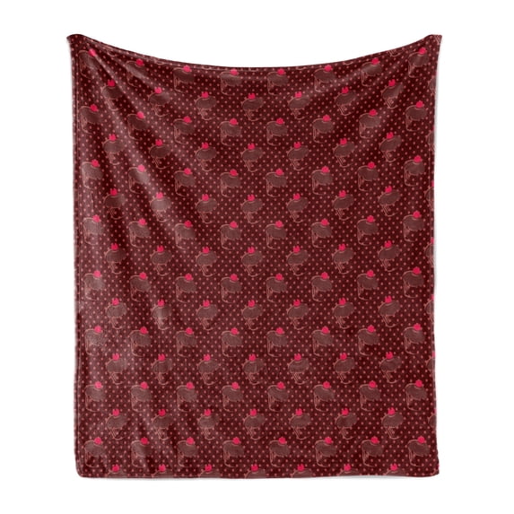 Chocolate Soft Flannel Fleece Blanket, Yummy Cupcakes with Cherry on Cocoa Creamy Top on Polka Dots Background, Cozy Plush for Indoor and Outdoor Use, 60" x 80", Dark Coral Burgundy, by Ambesonne