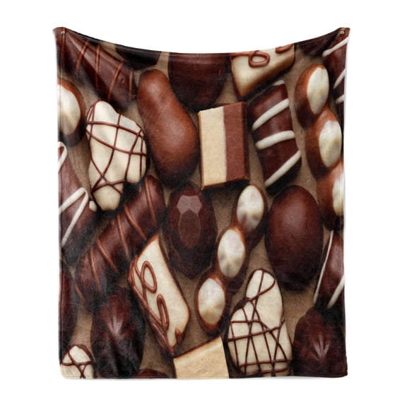 Chocolate Soft Flannel Fleece Throw Blanket, Chocolate Candy Sweets Truffles Gourmet Delicious Dessert Close-up Photo, Cozy Plush for Indoor and Outdoor Use, 50" x 60", Dark Brown Ivory, by Ambesonne