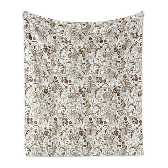 Chocolate Soft Flannel Fleece Throw Blanket, Classical Victorian Flowers and Leaves Abstract Arrangement with Vintage Look, Cozy Plush for Indoor and Outdoor Use, 60" x 80", Brown White, by Ambesonne