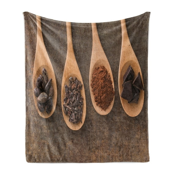 Chocolate Soft Flannel Fleece Throw Blanket, Cocoa and Dark Chocolate in Wooden Spoons Tasty Ingredient, Cozy Plush for Indoor and Outdoor Use, 50" x 60", Dark Brown Sand Brown, by Ambesonne