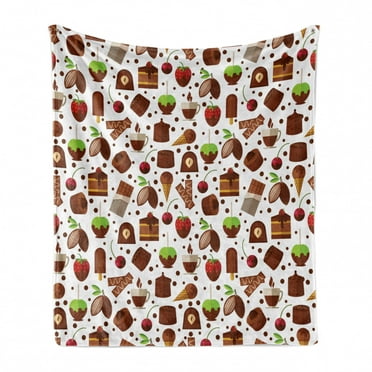 Chocolate Soft Flannel Fleece Throw Blanket, Sweets and Candies with Cocoa Beans Piece of Cake Ice Cream Strawberry Pattern, Cozy Plush for Indoor and Outdoor Use, 50" x 70", Multicolor, by Ambesonne