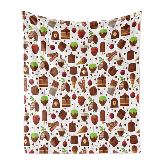 Chocolate Soft Flannel Fleece Throw Blanket, Sweets and Candies with Cocoa Beans Piece of Cake Ice Cream Strawberry Pattern, Cozy Plush for Indoor and Outdoor Use, 70" x 90", Multicolor, by Ambesonne