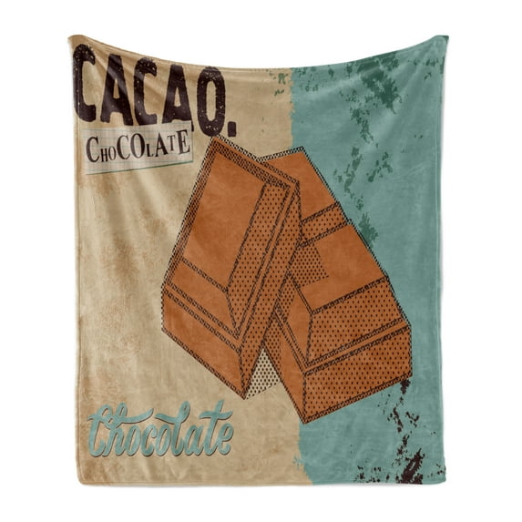 Chocolate Soft Flannel Fleece Throw Blanket, Vintage Chocolate Bar Poster Grunge Candy Treats Graphic Design, Cozy Plush for Indoor and Outdoor Use, 60" x 80", Cadet Blue Cinnamon, by Ambesonne