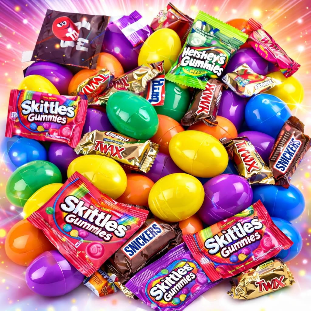 Chocolate Sweet Sour Gummy Combo Egg Hunt Pre Filled Candy Easter Eggs, 50 Count