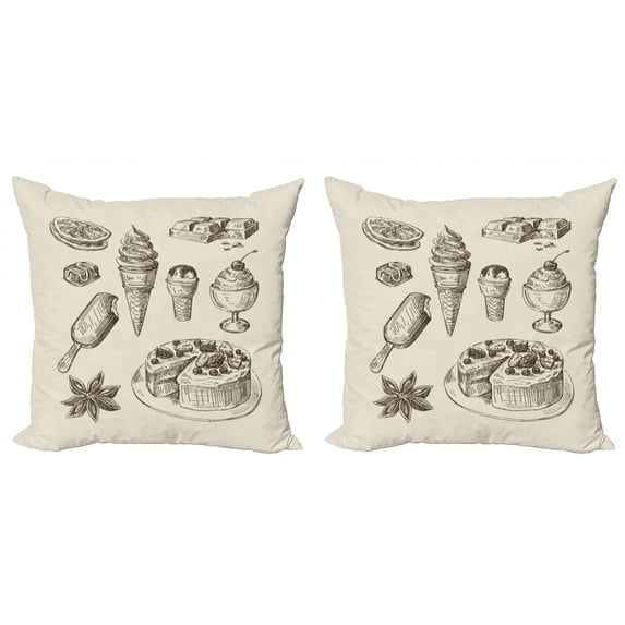 Chocolate Throw Pillow Cushion Cover Pack of 2, Hand-drawn Food Dessert Sketch and Kitchen Doodle Artwork in Vintage Style, Zippered Double-Side Digital Print, 4 Sizes, Brown Eggshell, by Ambesonne