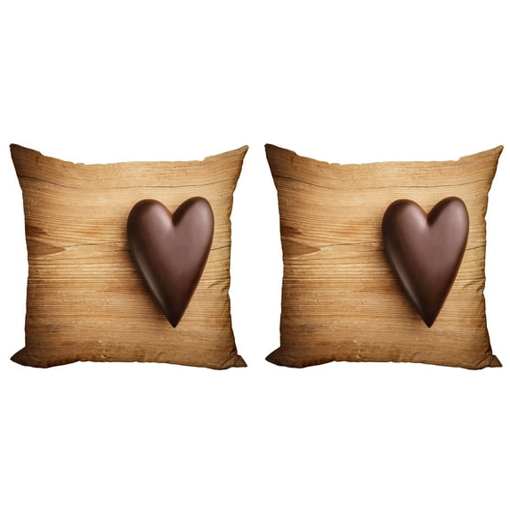Ambesonne Chocolate Throw Pillow Cover 2 Pack, Chocolate Heart on Woods, 16", Sand Brown Dark Brown