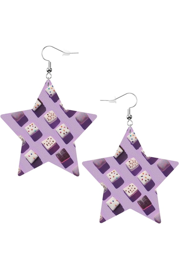Chocolate Top Cake Earrings for Women PU Leather Dangle Earrings, Lightweight Star Shape Leather Teardrop Dangly Ear Pendants Jewelry Gift[r039]