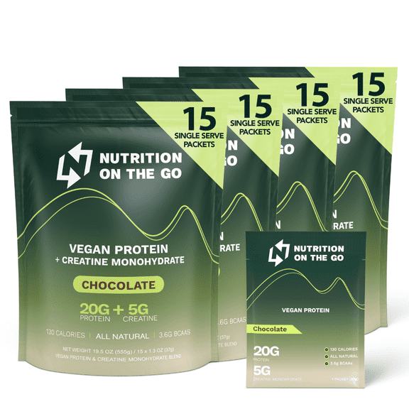 Chocolate Vegan Protein Powder with Creatine - 20g Plant-Based Protein, 5g Creatine - All-Natural, Gluten-Free, Easy Mix, TSA Friendly - Single-Serve Packets for Travel, Gym & Recovery (60-Pack)