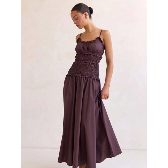 Chocolate Womens Ruffle Trim Spaghetti Strap Maxi Dress, Smocked Shirred Waist Flowy A-Line Sundress
