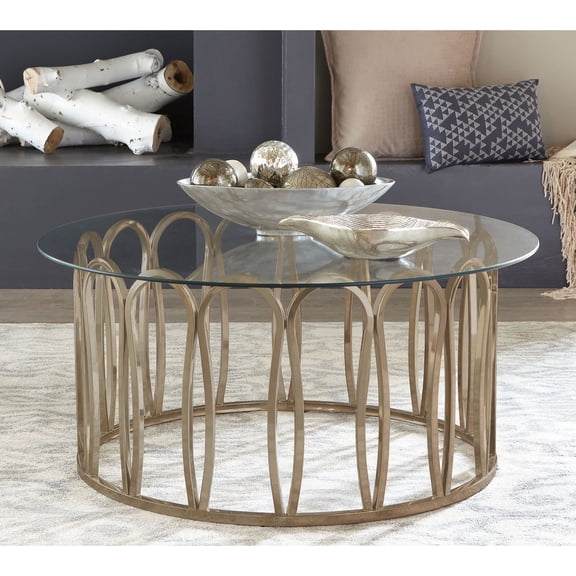 Chocolate and Chrome Round Glass Top Coffee Table, Cocktail Accent Table for Living Room, Bedroom