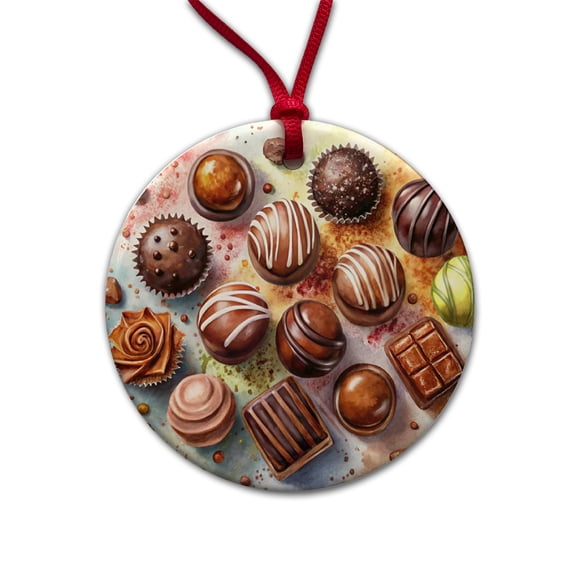Chocolates Dark Milk Candy Watercolor Christmas Tree Holiday Round Ceramic Ornament