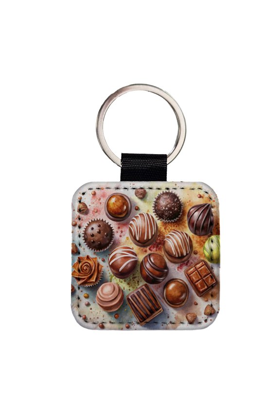 Chocolates Dark Milk Candy Watercolor Faux Leather Square Keychain