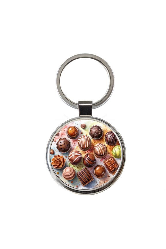 Chocolates Dark Milk Candy Watercolor Metal Round Keychain