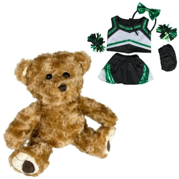 Chocolaty Furry Twist Teddy Bear Stuffed Toy in Metallic Green & Black Cheerleader Uniform - Matching Cheer Bow and Pompoms - Cute Stuffed Animal Gift for Kids - 8 Inch
