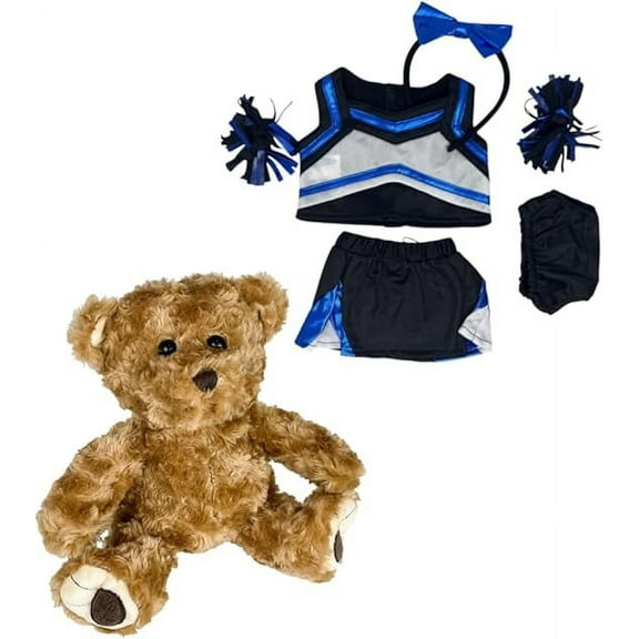 Chocolaty Furry Twist Teddy Bear Stuffed Toy in Metallic Royal & Black Cheerleader Uniform - Matching Cheer Bow and Pompoms - Cute Stuffed Animal Gift for Kids - 8 inch