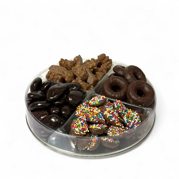 Chocolaty Sweets Assortment Tray Milk Chocolate Nonpareils, Chocolate Covered Gummy Bears, Dark Chocolate Covered Raisins, and Dark Chocolate Covered Raspberry Rings 1 lb of Gourmet Chocolates