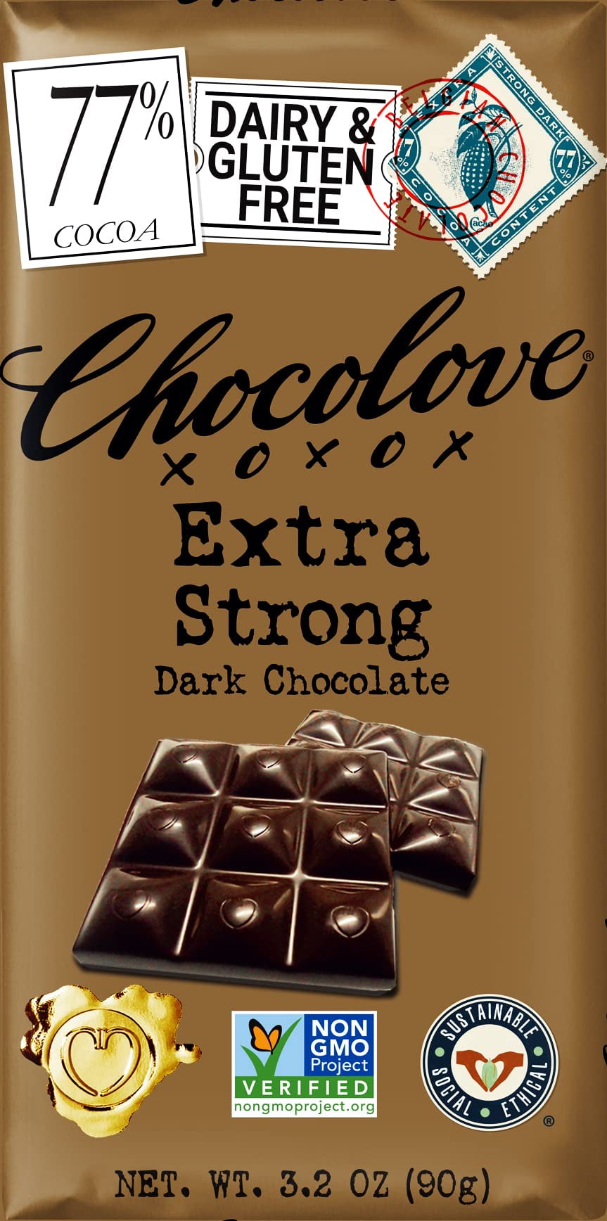 Chocolove Chocolate Bar, 77% Extra Strong Dark, 3.2 Ounce (Pack of