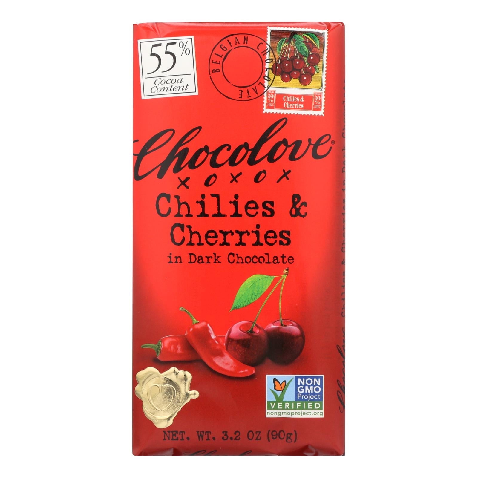 Chocolove Dark Chocolate Bar Chilies & Cherries 3.2 oz Pack of 4