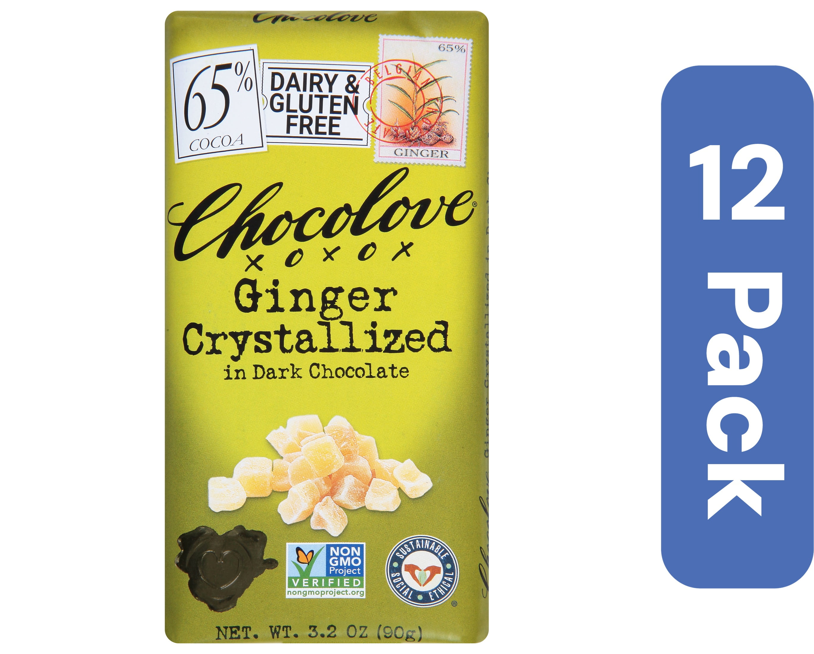Chocolove Dark Chocolate Bar with Crystallized Ginger 3.2 oz (Pack Of 12)
