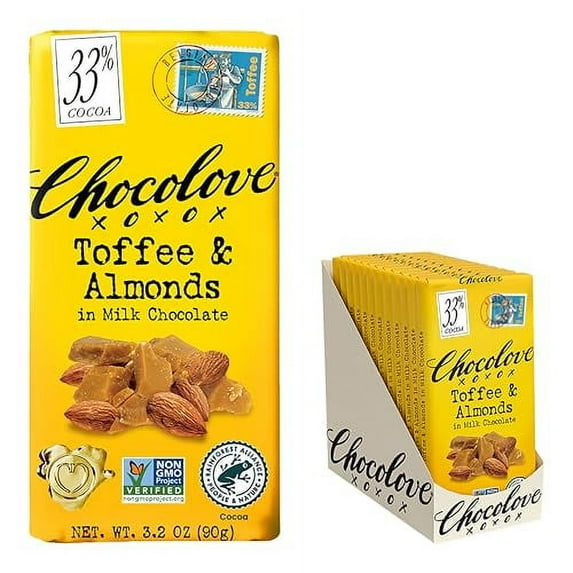 Chocolove Toffee & Almond Milk Chocolate Bars | 33% Cocoa | Made with Creamy Belgian Chocolate | Sustainably Sourced, Non-GMO, & Gluten-Free, 3.2 oz Bar (12 Pack)