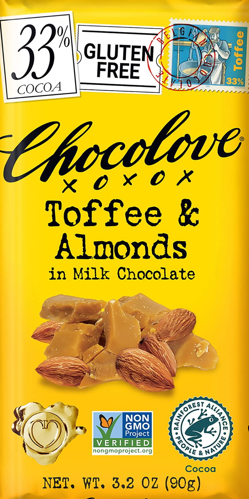 Chocolove Xoxo Milk Choc Toffee Almond Bar 3.2 Oz -Pack of 12