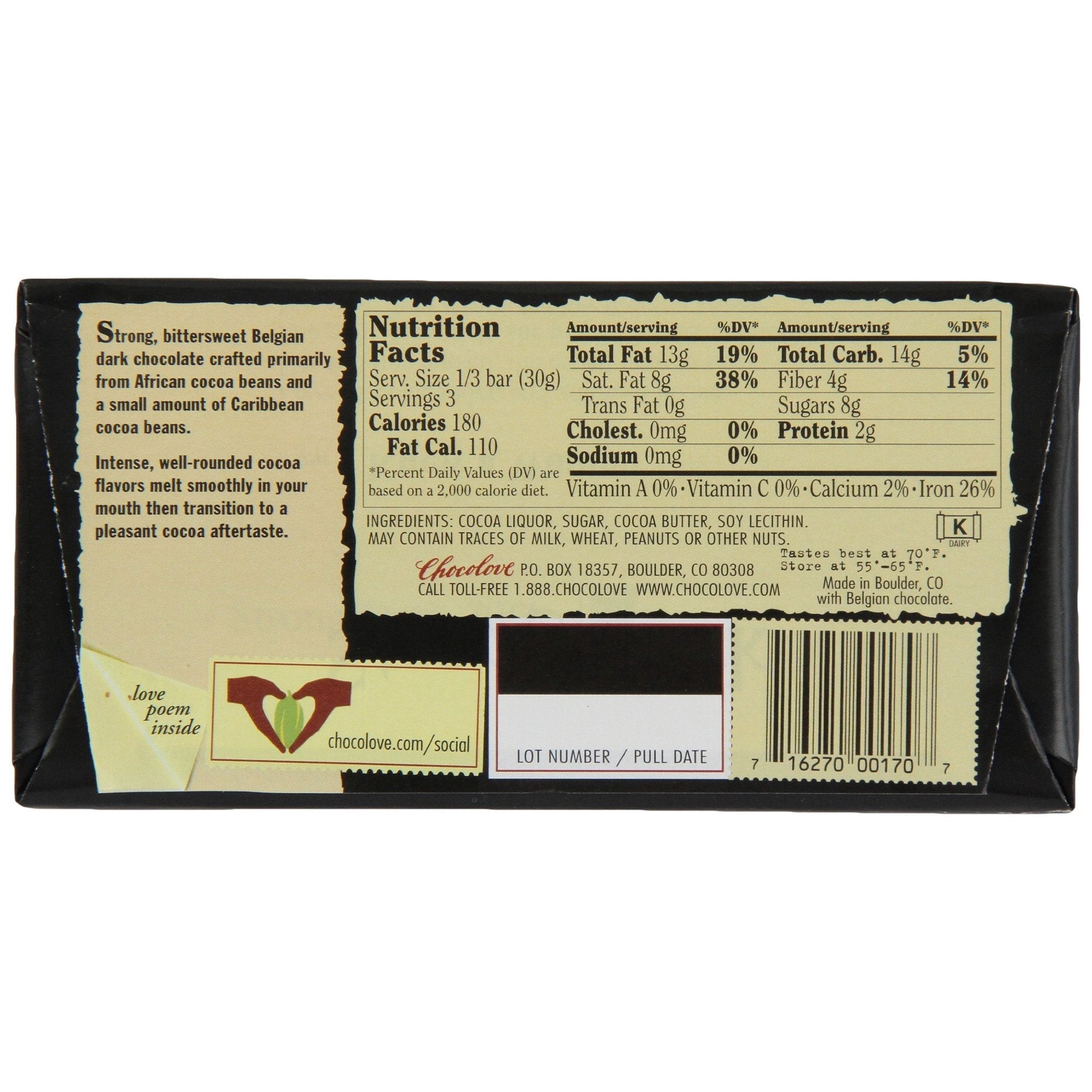 Chocolove Strong Premium Dark Chocolate Bar, (90 G) 3.2oz (6 Pack)