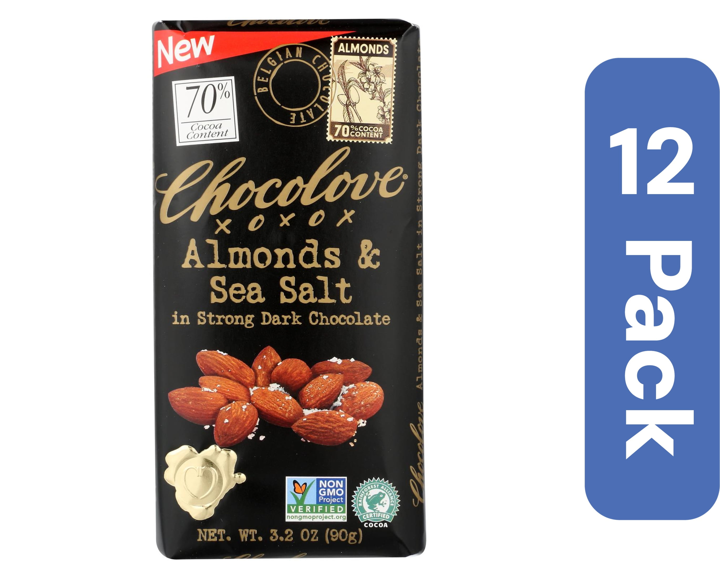 Chocolove Xoxox - Bar - Almond - Sea Salt - 70% Dark Chocolate - Case of 12 - 3.2 oz
