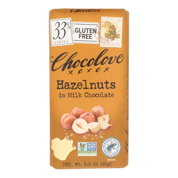 Chocolove Xoxox - Premium Chocolate Bar - Milk Chocolate - Hazelnuts - 3.2 oz Bars - Case of 12