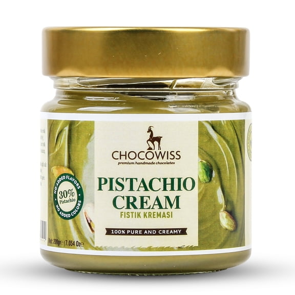 Chocoswiss Pistachio Cream Spread, 30% Roasted Turkish Antep Pistachios, 7 oz (200g) Glass Jar