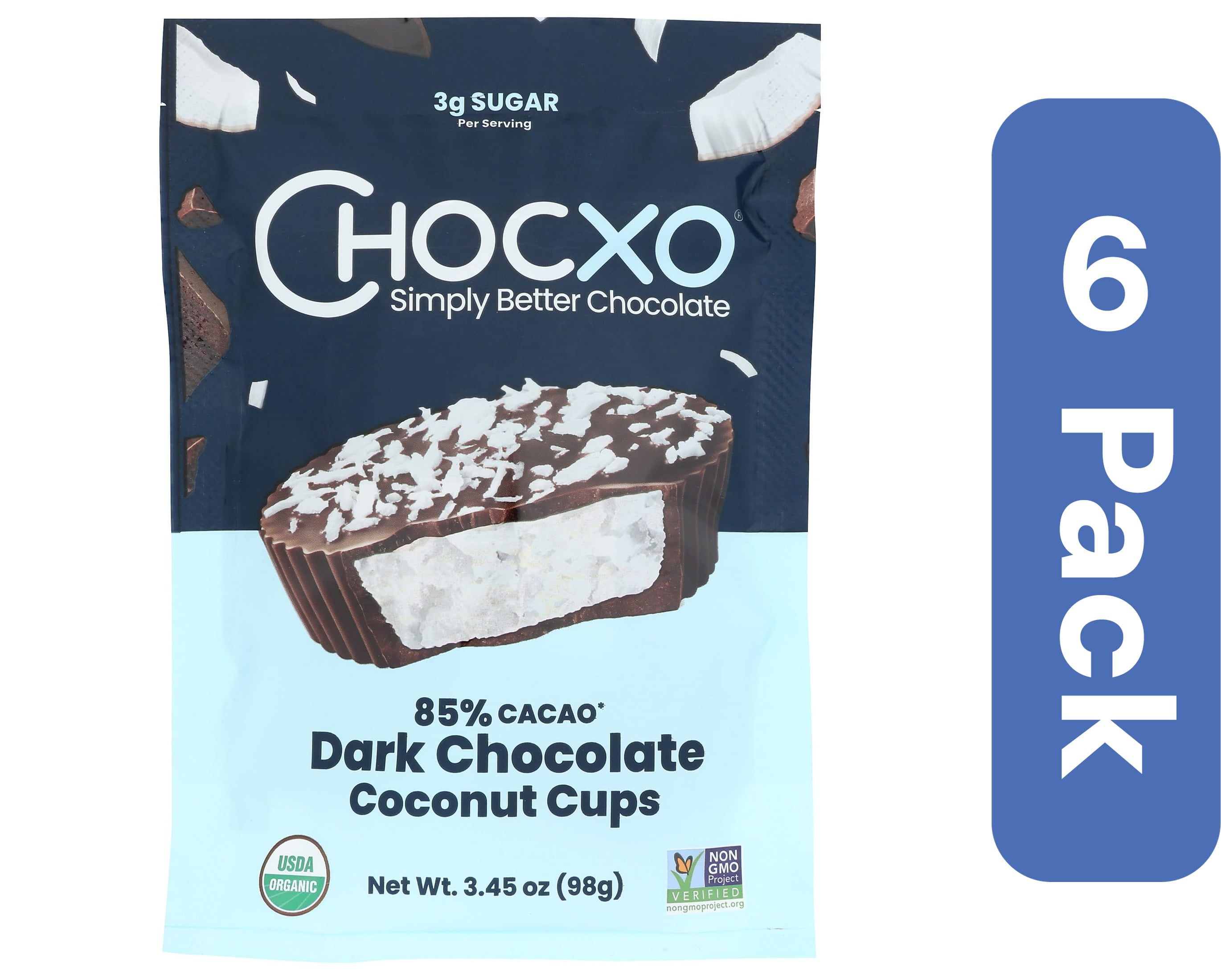 Chocxo 85% Dark Chocolate Coconut Cups 3.45 oz (Pack of 6)