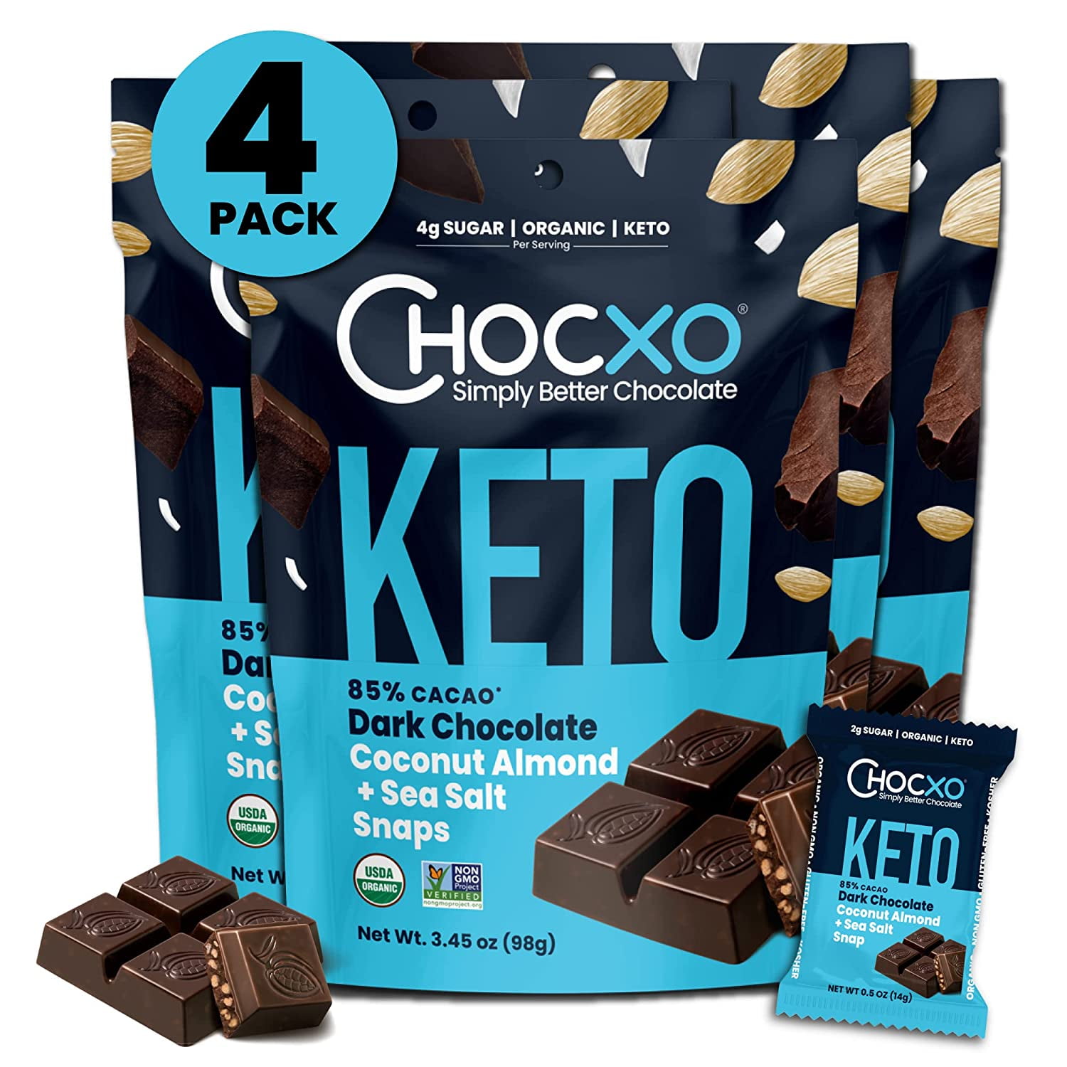 Chocxo Dark Chocolate Coconut Almond & Sea Salt Snaps Low in Real