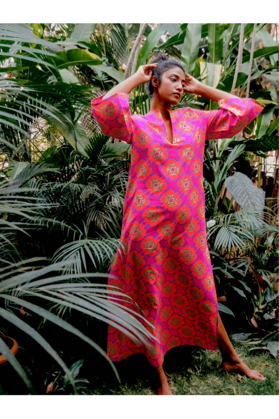 -Patterned Pink Long Cotton Women's Kaftan