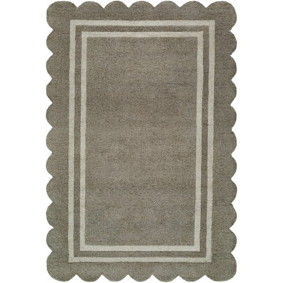 BoutiqueRugs Chogan Hand Tufted Wool Natural Fiber Area Rug with Scalloped Edges - Contemporary Geometric Bordered Solid Color Carpet for Living Room, Bedroom - Stone Gray, Ivory - 6' x 9'