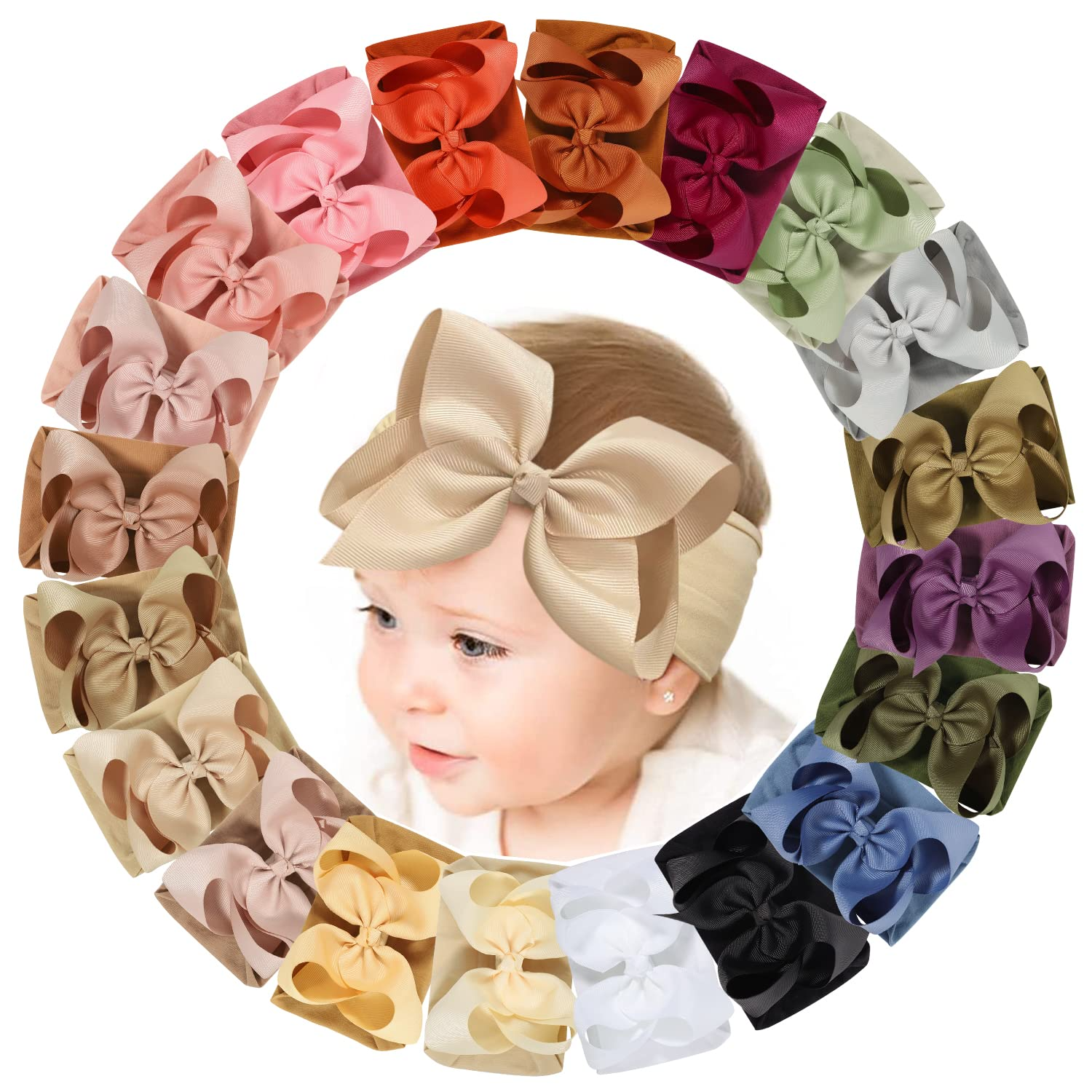 Choicbaby Baby Headbands with Big Bows Baby Girl Hair Accessories Infant Newborn Toddler Baby Bows and Nylon Headbands for Baby Girls-6 inch,20 Pcs,